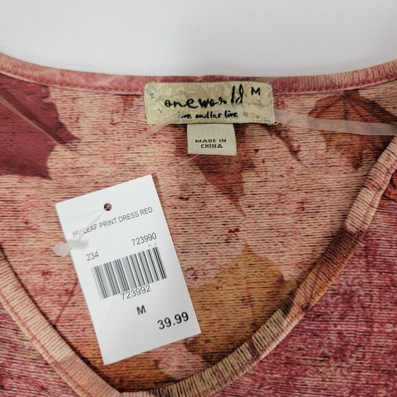One World Leaf Print Dress Red M Medium Women's NEW long sleeve embroidered - Picture 7 of 11